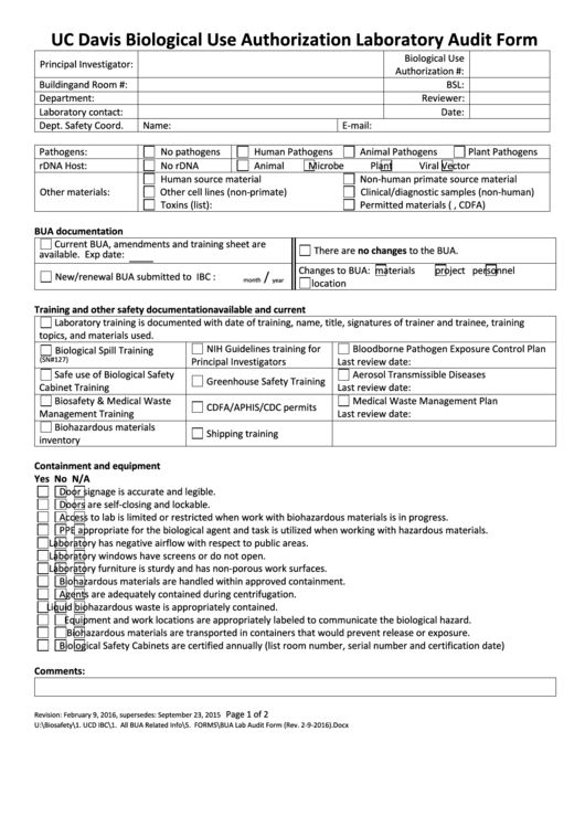 Uc Davis Biological Use Authorization Laboratory Audit Form Printable pdf