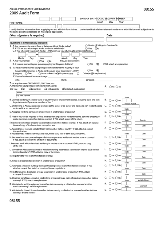 Form 08155 - Audit - Alaska Permanent Fund Dividend - 2009 Printable pdf