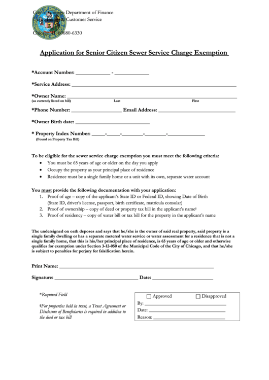 Application For Senior Citizen Sewer Service Charge Exemption Form - City Of Chicago Department Of Finance Printable pdf