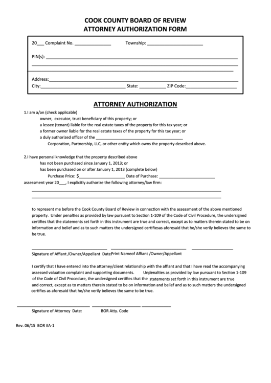 Fillable Attorney Authorization Form - Cook County Board Of Review Printable pdf