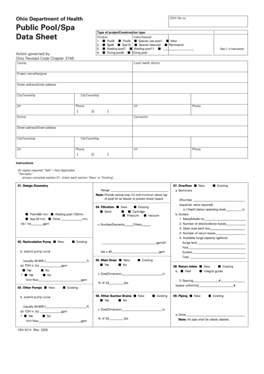 Fillable Public Pool/spa Data Sheet - Ohio Department Of Health Printable pdf