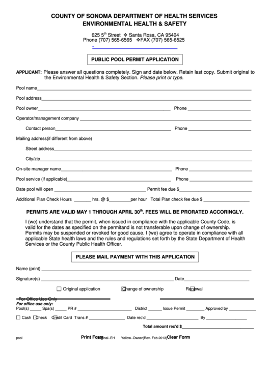 Fillable Public Pool Permit Application Form - County Of Sonoma Department Of Health Services Environmental Health & Safety Printable pdf