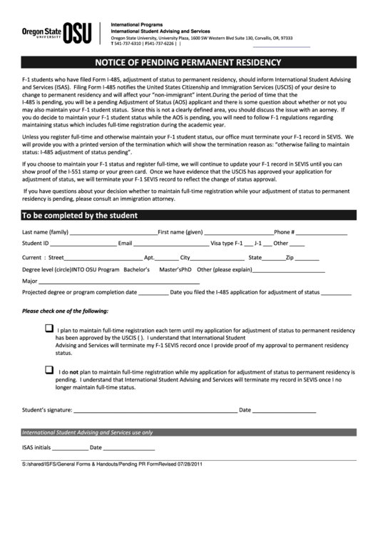 Pending Permanent Residency Form For International Students Printable pdf