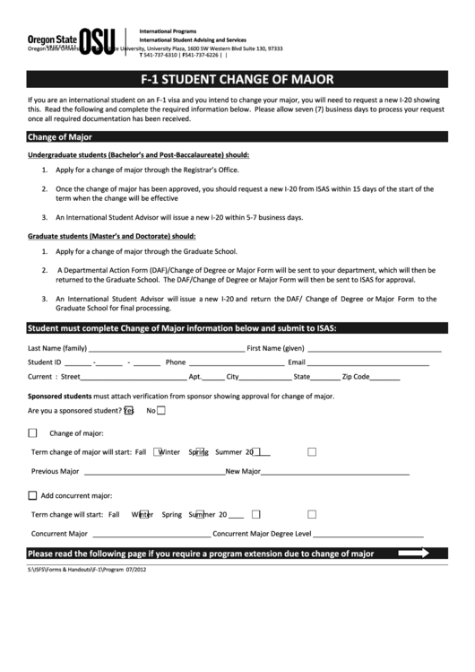 International Student Assistance Request Form - F-1 Student Change Of Major