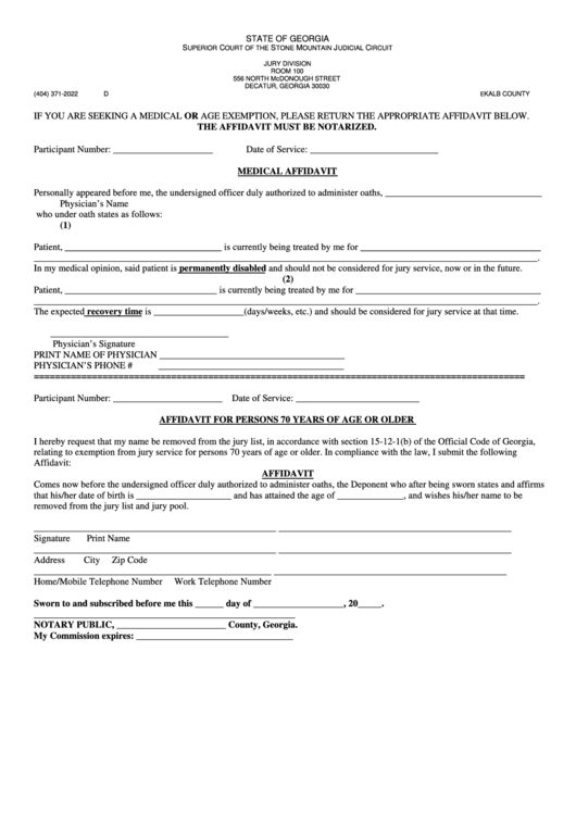 Form (404) 371-2022 - Medical Affidavit - Affidavit For Persons 70 Years Of Age Or Older Printable pdf
