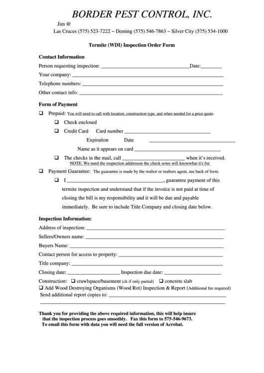 Fillable Termite (Wdi) Inspection Order Form Printable pdf