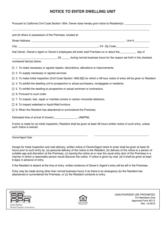 Form 21.0 - Notice To Enter Dwelling Unit