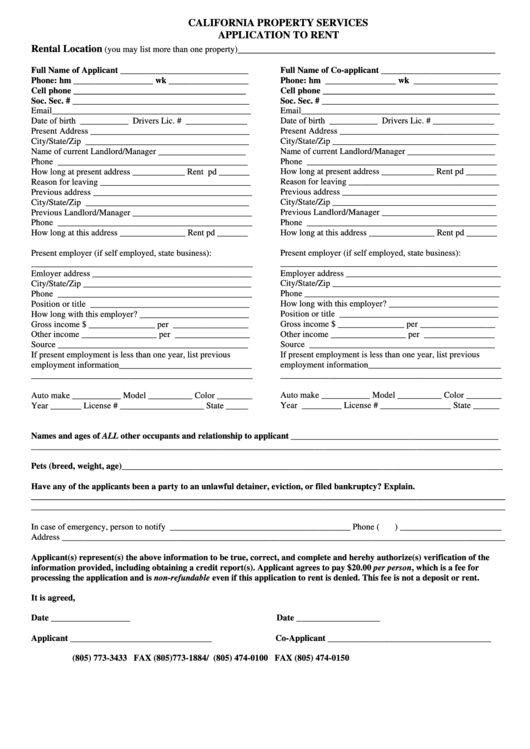 Rental Application Form - California Property Services Printable pdf
