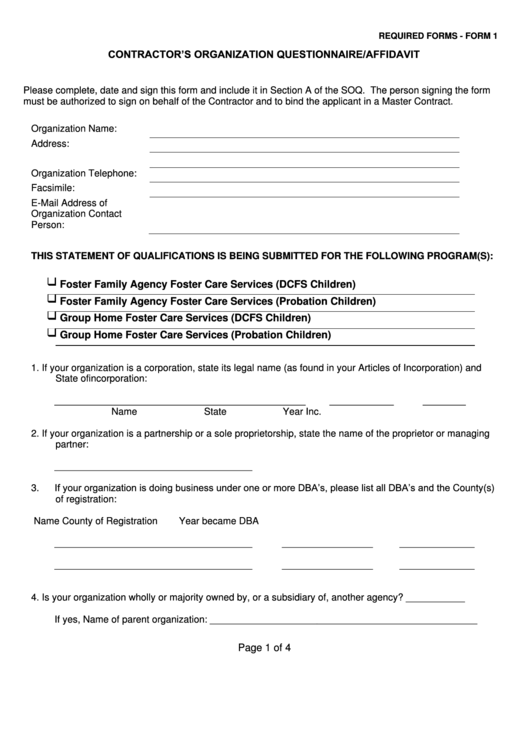 Form 1 - Contractor's Organization Questionnaire/affidavit