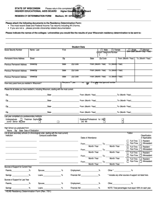 Fillable Residency Determination Form - Higher Educational Aids Board ...