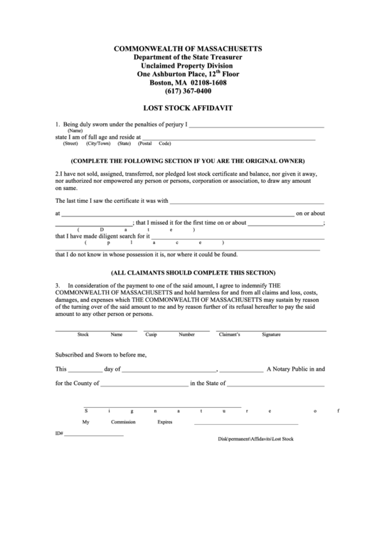 Lost Stock Affidavit Form - Department Of The State Treasurer Printable pdf