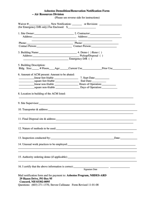 Demolition/renovation Notification Form Printable pdf