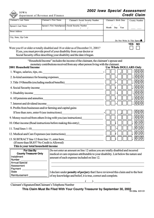 Form 54-036a - Iowa Special Assessment Credit Claim - 2002 Printable pdf