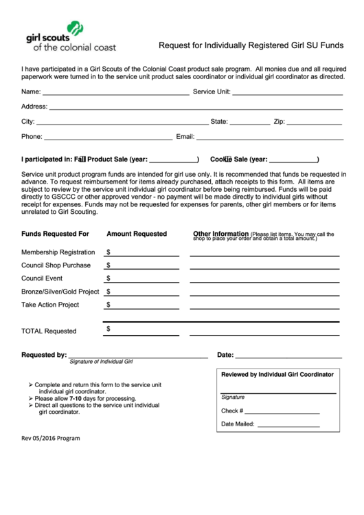 Fillable Request For Individually Registered Girl Su Funds Form - Girl Scouts Of The Colonial Coast Printable pdf