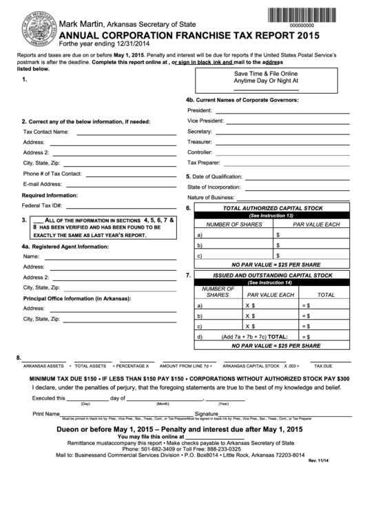 Annual Corporation Franchise Tax Report - Arkansas Secretary Of State - 2015 Printable pdf