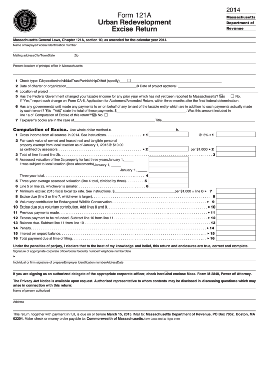 Form 121a - Urban Redevelopment Excise Return - 2014 Printable pdf