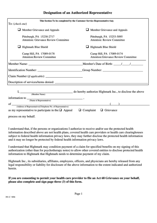 Form 391 C - Designation Of An Authorized Representative Form - Highmark Blue Shield - Pennsylvania Printable pdf