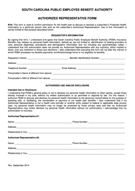 Authorized Representative Form - Public Employee Benefit Authority - South Carolina Printable pdf