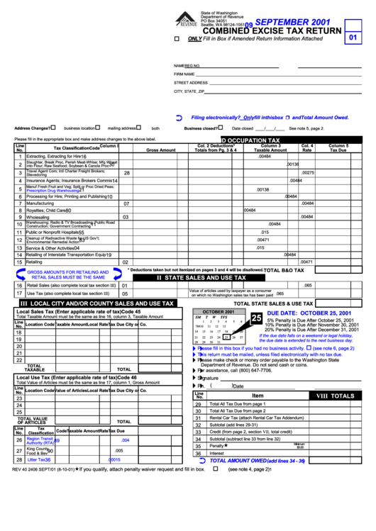 Combined Excise Tax Return Form - September 2001 Printable pdf