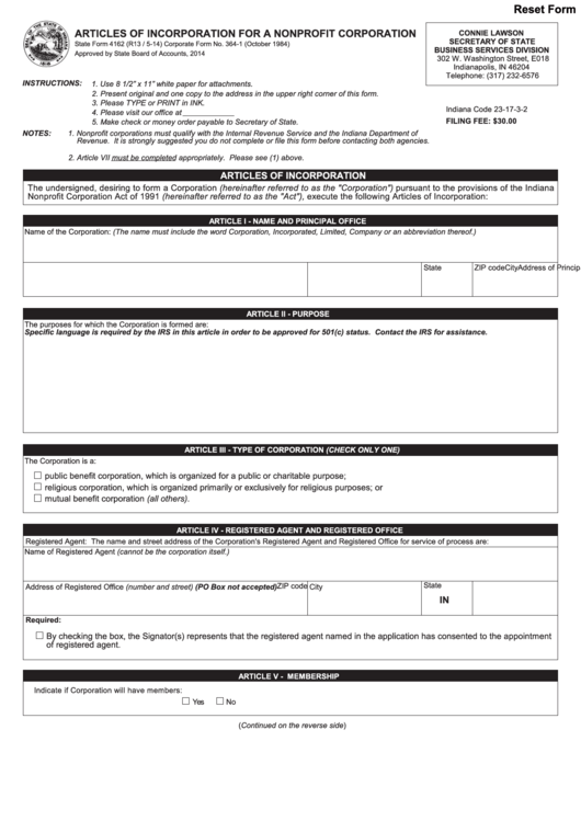 Fillable State Form 4162 - Articles Of Incorporation For A Nonprofit Corporation - 2014 Printable pdf