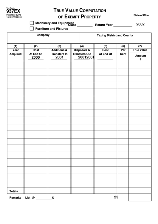 Fillable Tax Form 937ex - True Value Computation Of Exempt Property - 2002 Printable pdf