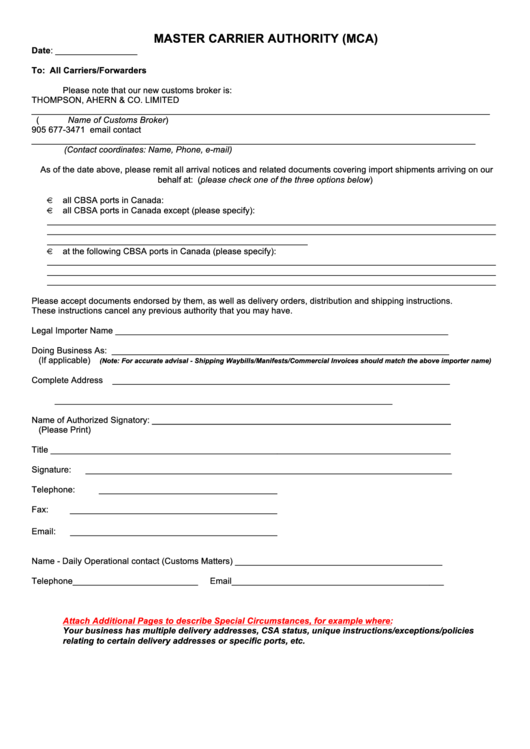 Master Carrier Authority (mca) Form - Canada