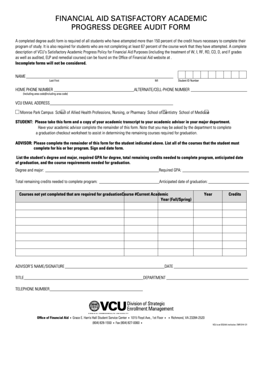 Financial Aid Satisfactory Academic Progress Degree Audit Form - Vcu - Virginia Printable pdf