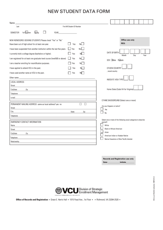 Fillable New Student Data Form - Vcu - Virginia Printable pdf