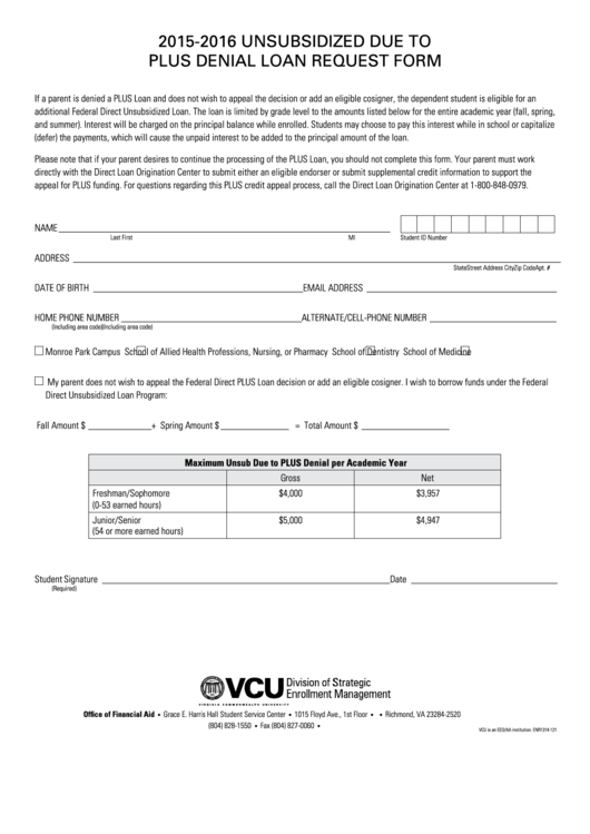 Federal Direct Unsubsidized Due To Plus Denial Loan Request Form - Vcu - Virginia Printable pdf