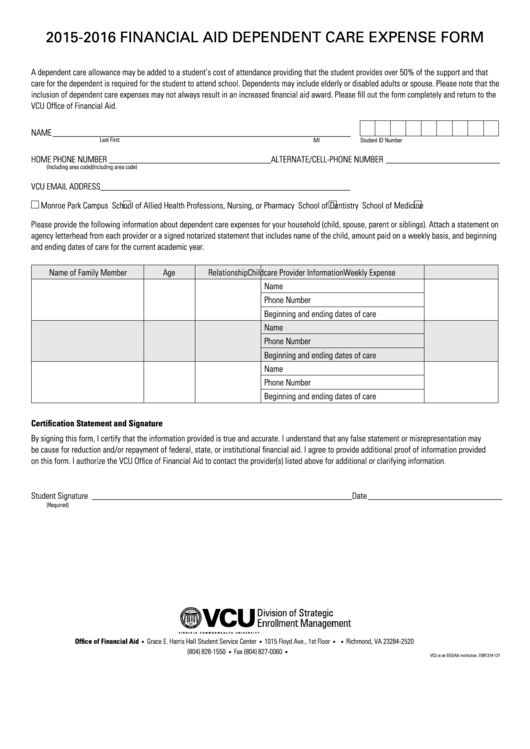 Financial Aid Dependent Care Expense Form - Vcu - Virginia- 2016-2017 Printable pdf