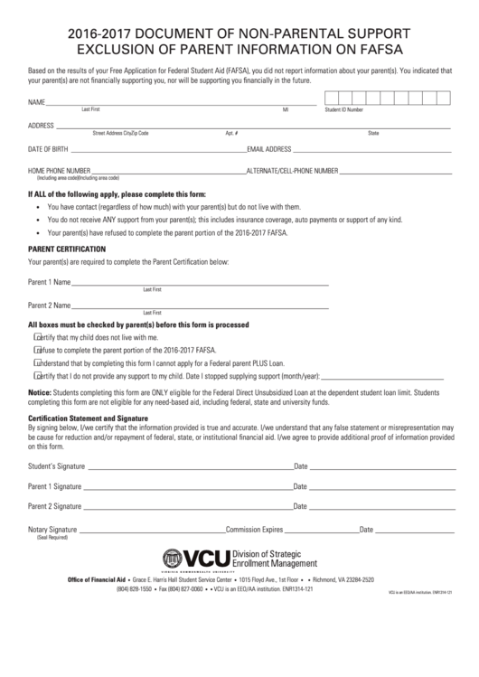 Document Of Non-Parental Support - Exclusion Of Parent Information On Fafsa Form - Vcu - Virginia - 2016-2017 Printable pdf