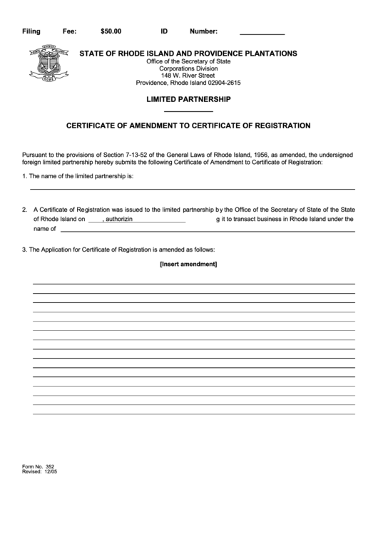 Fillable Form No. 352 - Form For A Certificate Of Amendment To Certificate Of Registration Printable pdf