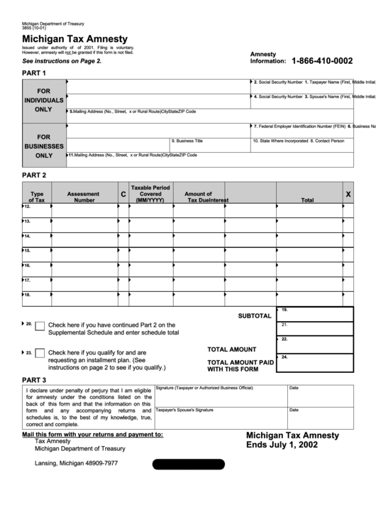 Form 3855 - Michigan Tax Amnesty - 2001 Printable pdf