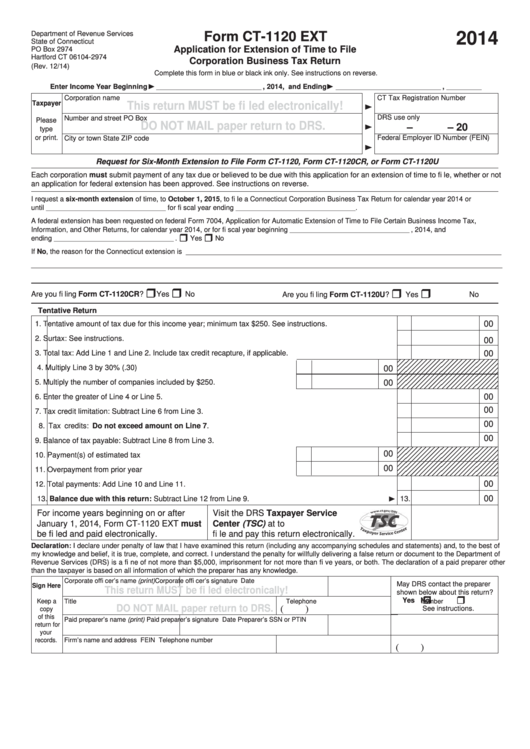 Form Ct-1120 Ext - Application For Extension Of Time To File Corporation Business Tax Return - 2014 Printable pdf
