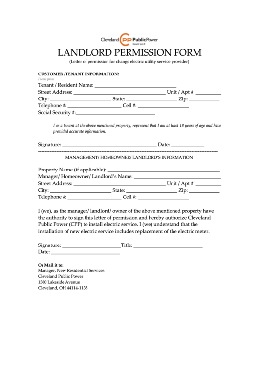 Landlord Permission Form - Cleveland Public Power Printable pdf