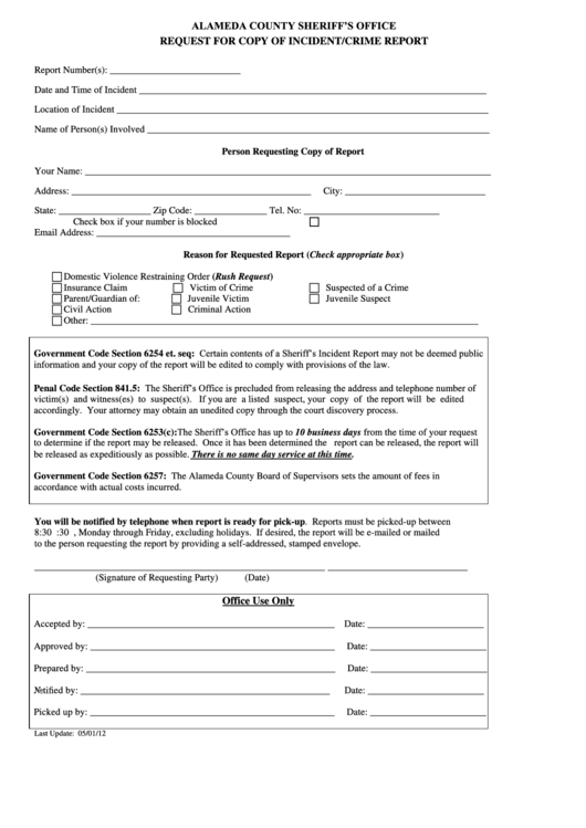 Request For Copy Of Incident/crime Report Form Printable pdf