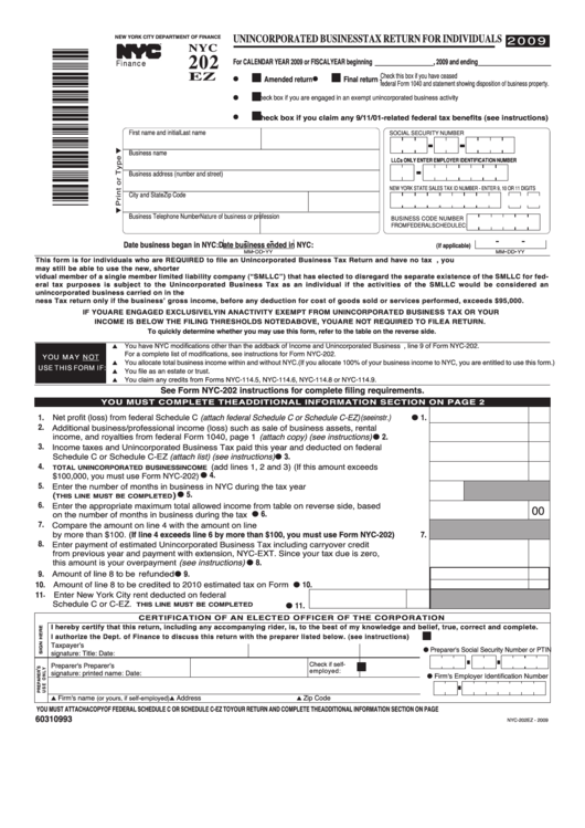 Fillable Form Nyc-202 Ez - Unincorporated Business Tax Return For Individuals - 2009 Printable pdf