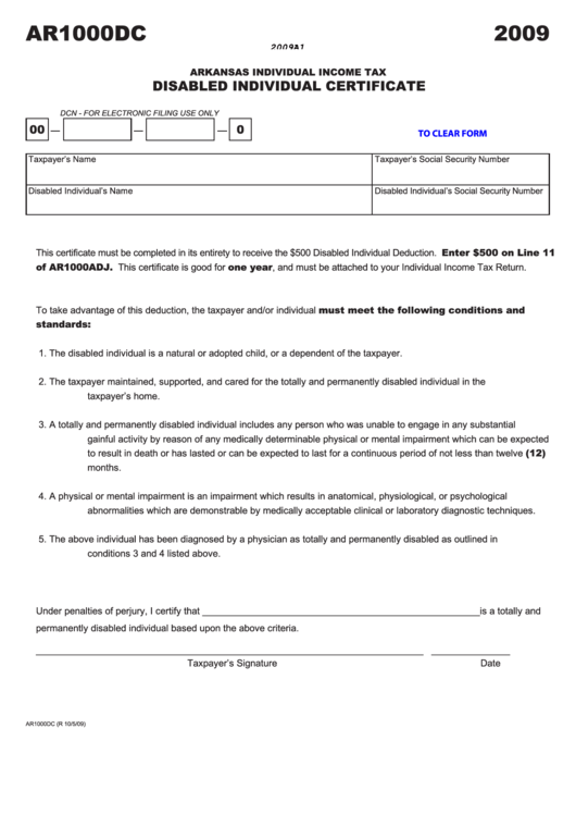 Fillable Form Ar1000dc - Disabled Individual Certificate - 2009 Printable pdf