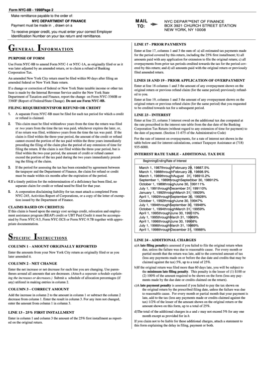 Instructions For Form Nyc-8b - 1998 Printable pdf