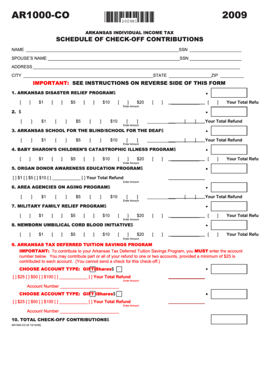 Form Ar1000-Co - Individual Income Tax - Schedule Of Check-Off Contributions - 2009 Printable pdf