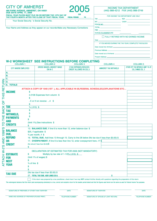 Worksheet W2 Wage And Tax Statement City Of Amherst 2005