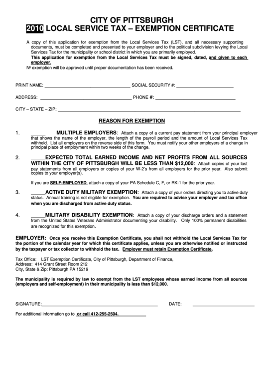 Local Service Tax - Exemption Certificate - City Of Pittsburgh - 2010 Printable pdf