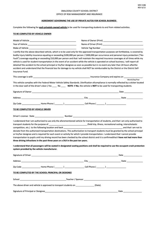 Form Mis 5186 - Agreement Governing The Use Of Private Autos For School Business Printable pdf