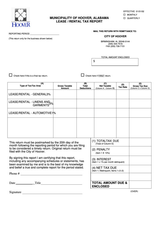 Lease I Rental Tax Report Form Printable pdf