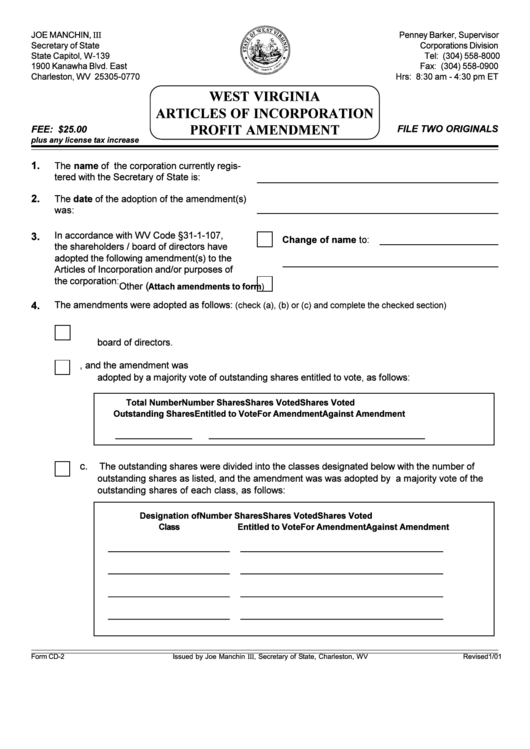 Fillable Form Cd-2 - Articles Of Incorporation Profit Amendment - 2001 Printable pdf