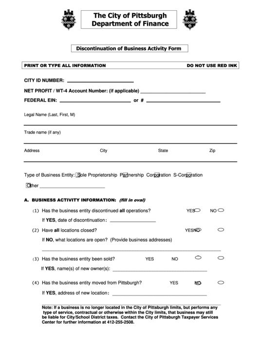 Discontinuation Of Business Activity Form - The City Of Pittsburgh Department Of Finance Printable pdf
