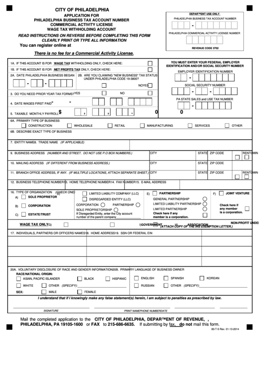 Form 83-T-5 - Application For Philadelphia Business Tax Account Number, Commercial Activity License, Wage Tax Withholding Account Printable pdf