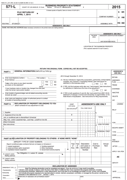 Fillable Form Boe-571-L - Business Property Statement - 2015 Printable pdf