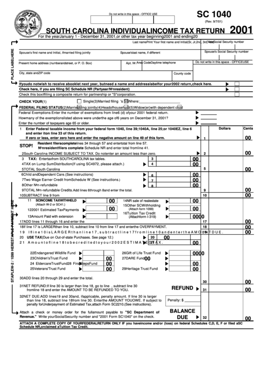 Form Sc 1040 - Individual Income Tax Return - 2001 Printable pdf