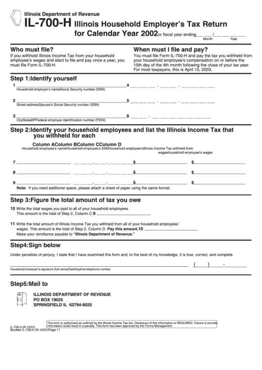 Form Il-700-H - Illinois Household Employer